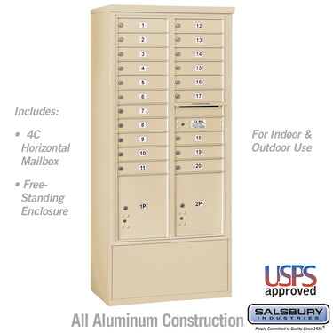 Maximum Height Free-Standing 4C Horizontal Mailbox with 20 Doors and 2 Parcel Lockers in Sandstone with Private Access